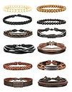 Jstyle 12Pcs Braided Bracelet for Men Beaded Bracelets Wrap Leather Wooden Bracelets Adjustable A