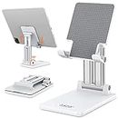 Tukzer Universal Tablet Stand Mobile Holder| Tabletop Fully Foldable Dual Poles, Heavy Base Aluminum| Multi-Angle Height Adjustable Stand for iPad Tablet Smartphone E-Book Reader Up to 12 inch (White)