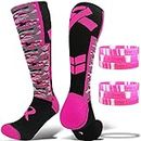 Gearoot Set of Breast Cancer Awareness Socks & 6 Pcs Pink Ribbon Breast Cancer Bracelets Support The Cure Over The Calf Socks (Small)