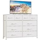 Furnulem White Dresser for Bedroom, 10 Drawers Dresser for 55'' Long TV Stand Entertainment Center, Storage Organizer for Closet, Living Room, Entryway, Fabric Bins, Wood Top, Metal Frame(White)