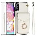 Asuwish Phone Case for Samsung Galaxy A50 A50S A30S Wallet Cover with Tempered Glass Screen Protector and Ring Card Holder Cell Accessories Glaxay A 50 50S 30S Gaxaly S50 50A A505G Women Off White