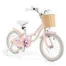 BABY JOY Kids Bike, 16 Inch Kids Bicycles for 4-7 Years Old Children with Training Wheels, Adjustable Height, Handbrake & Coaster Brake, Boys Girls Bike (Pink)