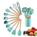 12pcs Silicone Cooking Utensil Set,BPA Free Non-Stick Silicone Cooking Kitchen Utensils with Wooden Handle,Heat Resistant Kitchen Gadgets Utensil Set with a Storage Bucket