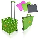 Sun Leisure® Pack and Go Folding Shopping Trolley, Boot Cart With Wheels, Capacity 40kg, Shopping Camping Fishing Festival Cart, Optional Lid/Cool Box/Tool Roll Cover (Green Trolley including Lid)