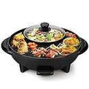 Feeling Mall 2 In 1 Electric Bbq Hotpot Korean Style Non Stick Coating Surface Smokeless Double Layer Barbecue Raclette Grill Griddle Plate Pan With Glass Lid For Tandoor Veg-Non Veg Cooking-1600 W