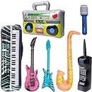 Inflatable Rock Star Toy Set, 7 Pack Inflatable Boom Box Mobile Phone Guitar Bass Party Props for 80's 90's Party Decorations, Rock and Roll Party Favors Supplies, Christmas Birthday Party Gifts.