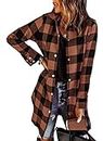 EVALESS Color Block Plaid Shacket Jacket Women Fashion 2023 V Neck Long Sleeve Button Down Blouses Tops Lightweight Flannel Shirts Jackets Cardigans Coats with Pockets Brown Medium