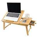Utoplike Bamboo Laptop Desk for Bed, Tilting Top Bed Serving Tray, Breakfast Table Ajustable Height, Fodable Legs, Storage Drawer, Lap Stand for Reading, Writing, Eating