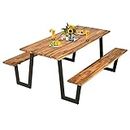 Giantex Acacia Wood Picnic Table Bench Set, 6ft Wooden Outdoor Dining Table Set w/ 2’’ Umbrella Hole, Heavy Duty Picnic Beer Table Bench Set with Metal Frame, Patented (Natural & Black)