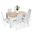Oak Wooden Dining Table Set with 6 White Faux Leather Chairs Kitchen Furniture