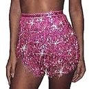 Women's Sequin Tassel Skirts Rave Fringe Hip Scarf for Festival, Pink, Large