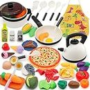 39 Items 62Pcs Play Kitchen Toy Accessories Set Kids Kitchen Set with Play Pots and Pans Pretend Play Food, Cutting Pizza, Cooking Utensils, Apron, Toddler Kitchen Playset for Kids Girls Boys Age 3+