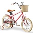 Todbiccz Kids Bike for Girls Ages 3-5, 5-8 Year Old, Kids' Bicycles with Training Wheels & Basket & Bell, 14 16 Inch Pink Birthday Gift