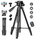 Camera Tripod, 68" Phone Tripod Stand for Camera Photo Video, Travel Floor Tripods Compatible with iPhone Canon Nikon DSLR, Cell Phone Tripods with Remote/Travel Bag/Phone Holder