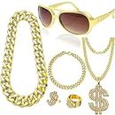 6Pcs Hip Hop Costume Set, Rapper Hippie Accessories with Golden Chain Necklace Disco Dollar Sign Rings Retro Sunglasses Bracelet Fancy Dress for Women Men 80s 90s Carnival Party Supplies