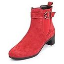 FAUSTO FST KI-263 RED-38 Women's Red Flared Heel High Ankle Suede Leather Classic Winter Buckle Strap Chelsea Boots (5 UK)