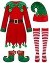Kids Christmas Elf Costume for Girls Santa Helper Costume Xmas Festive Outfit with Elf Hat Shoes Belt Striped Stockings MS045M