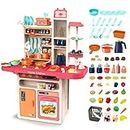 deAO Kitchen Playset Toy with Realistic Lights & Sounds, Kids Play Kitchen Set with Simulation of Spray Features, Pretend Role Play Toys with Lots of Kitchen Accessories Gift for Toddlers (Pink)