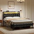 HAUSOURCE King Bed Frame with Storage Headboard & Footboard Upholstered Platform Bed with LED Lights USB Ports & Outlets No Box Spring Needed