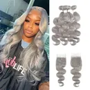 Silver Grey Bundle With Closure 4x4 Brazilian Body Wave Hair Weave Bundles With Lace Closure Remy