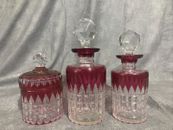 Baccarat Perfume Cologne Vanity Decanter Flacon Cranberry Cut To Clear Set of 3