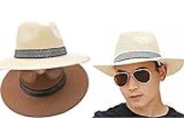 CLOTHERA Summer Paper Panama Jazz Beach Hats for Men & Women (Off White & Brown)