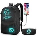 School Backpack, Pawsky Anime Luminous Backpack with USB Charging Port, Anti Theft Lock and Pencil Case for Teen Boys and Girls, College School Bookbag Lightweight Laptop Bag, Black