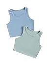Milumia Girls Shirt 2 Pack Ribbed Knit Round Neck Casual Baisc Crop Tank Top (Blue and Green, 10 Years, Sleeveless)