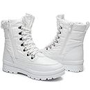 Moudki Womens Warm Fur Lined Snow Boots for Cold Weather, Non-slip Black Combat Boots with Zipper for Hiking, Lace up White Winter Booties for Women, Water Resistant Mid Calf Shoes(White,US11)