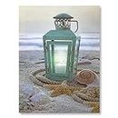 Beach Decoration - LED Canvas Print with a Teal Lantern Sitting on The Beach - Seaside with Ocean Shells and Starfish