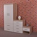 DRP Trading 3 Piece White & Sonoma Oak Bedroom Furniture Set! Wardrobe, 4 Drawer Chest, 1 Draw Bedside Table