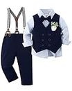 YALLET Toddler Baby Boy Clothes Suit Gentleman Wedding Outfits, Formal Dress Shirt+Bowtie+Vest+Boutonniere+Suspender Pants Navy Blue
