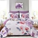 Dobuyly Purple Floral Quilt Set Queen Size, 3 Pieces Botanical Flower Printed on White Quilt Bedding Set Soft Microfiber Lightweight Bedspread Coverlet Set for All Season 96" x 90"