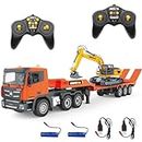 Fistone RC Semi Truck & Excavator Toy Set, 2.4Ghz Remote Control Flatbed Truck with Excavator Toys, 1:24 RC Semi-Trailer Engineering Tractor with Sound and Lights, Construction Vehicles Toy for Boys