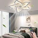 27.2‘’ Ceiling Fan with Lights and Remote Control, 5 Petals Modern Bladeless Flush Mount Fan Light, Low Profile 3 Switchable LED Light and Ultra Quiet 6 Gear Wind Speed, Ceiling Fan with Smart Timer