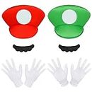 Aomig Mario Costume Accessories, 6 Pezzi Mario-Bros Accessori con Cappello Guanti Baffi, Luigi-Bros Costume Accessorio per Adulti e Bambini, per Carnevale e Cosplay(Rosso+Verde)