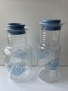 Vintage Pyrex  Clear Glass Juice Carafes Pitchers Cornflower Blue With Lids 2