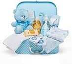 Newborn Baby Boy Gift Set - Hand Packed Blue Hamper with Suitcase Keepsake Box, Soft Toy Bear, Swaddling Muslin Cloth, Clothes and Essentials for New Mother Baby Showers