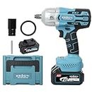 Krost Pro Series 1000Nm Torque Cordless Impact Wrench 1/2", Brushless Motor 21V(37V Max) Double Li-Ion Batteries, Auto Stop Function, Forward/Reverse Rotation, Variable Speed (Cordless Kit) - Hex