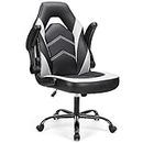 Sweetcrispy Computer Gaming Desk Chair - Ergonomic Office Executive Adjustable Swivel Task PU Leather Racing Chair with Flip-up Armrest for Adults, Kids, Men, Girls, Gamer, Black White