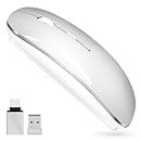 Wireless Mouse 2.4 GHz with USB Receiver for Laptop Computer Rechargeable Wireless Mouse Compatible with Apple MacBook Air/Pro, iPad, Mac, Chromebook, PC, with USB C Adapter (White Silver)