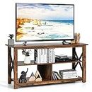 Tangkula Wood TV Stand with Open Shelves and X-Shaped Frame, 3 Tier Entertainment Center for 55-Inch TV, Farmhouse TV Console Table, Open TV Stands for Living Room Bedroom (Brown)