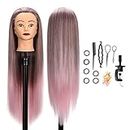 Mannequin Head,GUANJUNE Hairdressing Traning Head Hairdresser,26-28 Inch 100% Synthetic Fiber Cosmetology Doll Head with Clamp Holder+Hair Accessoires Set,Presents for Girls(Gradient Pink)