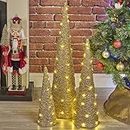 URBNLIVING 3 coni luminosi a LED per albero di Natale, piramidi a cono di Natale con luci a LED per decorazioni domestiche e finestre, altezza 40-80 cm, 3 batterie AA (oro con brillantini)