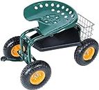 KARMAS PRODUCT Steerable Rolling Work Seat Garden Stool Cart with Tool Tray and Storage Basket Heavy Duty Scooter Green