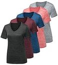 CE' CERDR 5 Pack Workout Shirts for Women, Moisture Wicking Quick Dry Active Athletic Women's Gym Performance T Shirts, 5 Pack Dark Grey, Light Grey, Blue, Wine Red, Watermelon Red, Large