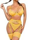 popiv Women Sexy Lingerie Strappy Lace Garter Lingerie Sets High Waisted Sheer Mesh Lingerie, Yellow, Medium