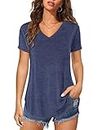 Florboom Womens Short Sleeve T-Shirts V Neck Shirts Irregular Hem Tops, Navy Blue 16 18