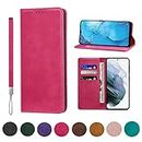 WANDI QAQ Samsung Galaxy S21 Case Leather flip Wallet with Hanging Rope Card Holder Slots Kickstand Magnetic Folio Shockproof Proof Protective Galaxy S21 Cover -Rose Red