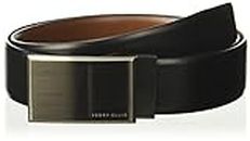 Perry Ellis Men's Portfolio Patterned Plaque 100% Leather Reversible Belt (Sizes 30-44 Inches), Black/Brown Reversible, 32